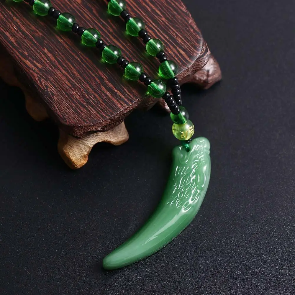 Imitation Jade Wolf Tooth Pendant Temperament Small Bead Chinese Style Necklace Men Necklace Fashion Jewelry Girl