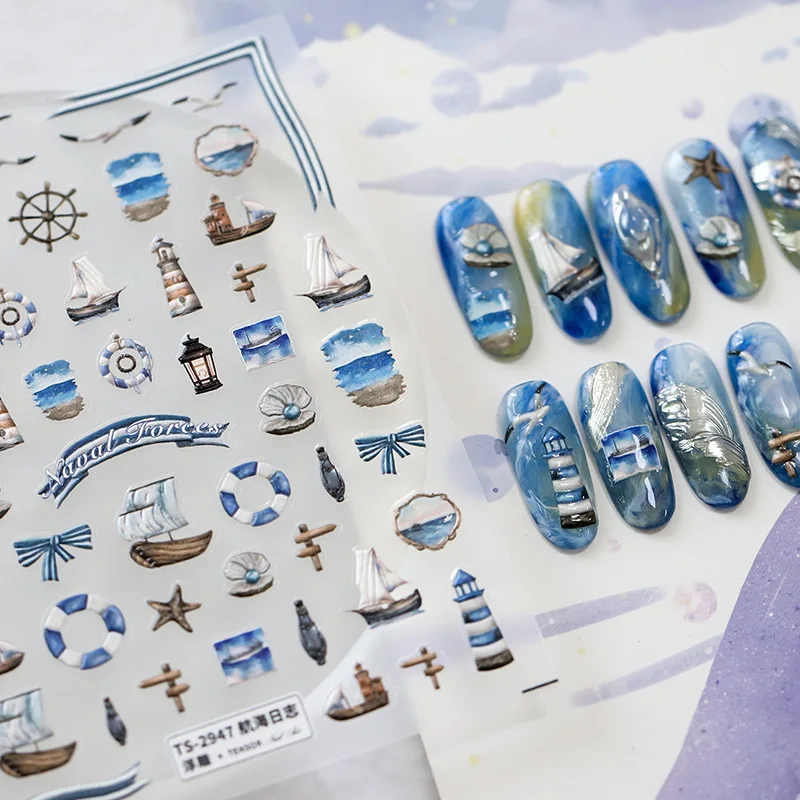 5D Realistic Relief Sailboat Life Buoy Anchor Watchtower Navigator Logbook Adhesive Nail Art Stickers Decals Manicure Charms nail stickers nail art tools nail decals