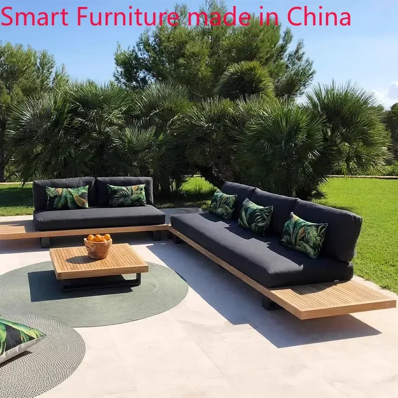 

Custom outdoor teak sofa courtyard designer garden hotel balcony simple modern aluminum alloy solid wood furniture combination