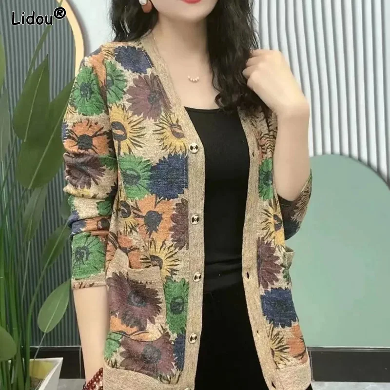 2023 Women's Clothing Blouses Thin V-neck Loose Cardigan Button Printing Casual Oversized Tops Floral Spring Autumn Comfortable