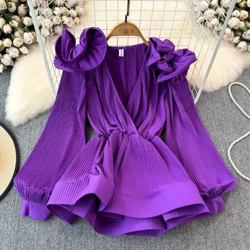 BabYoung 2025 ربيع جديد بلوزات مطوي على شكل حرف v...