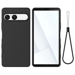 Solid Color Liquid Silicone Shockproof Matte Phone Case with Strap Cover for Sony Xperia 10 VII (Black)