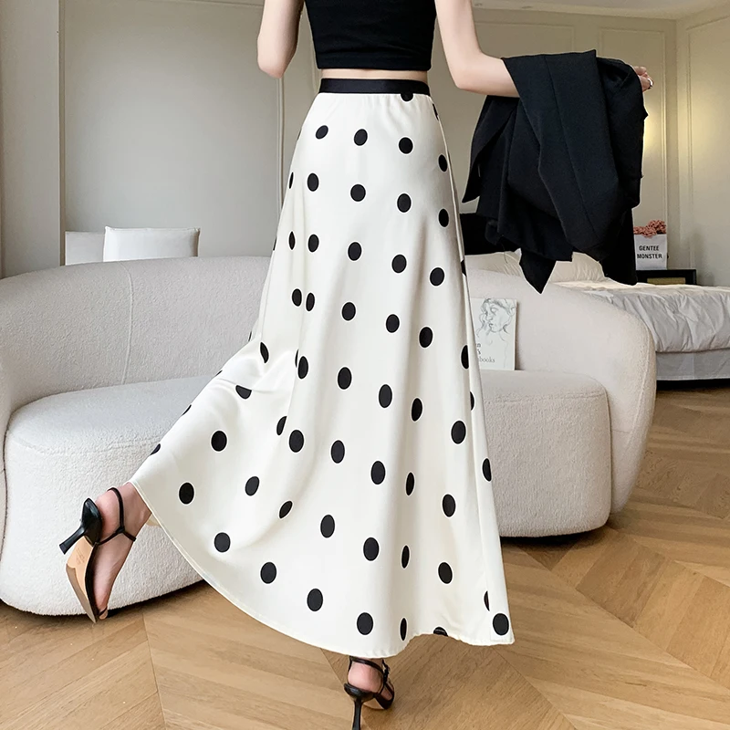 QOERLIN Polka Dot Elastic Waist Long Skirts Women Summer A-Line High Waist Black Skirt Elegant Casual Long Skirt Saias Mujer