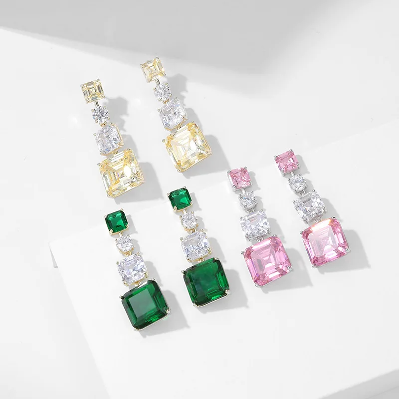 Shining Cubic Zirconia Geometric Square Dangle Earings 925 Silver Needle Romantic Wedding Party Jewelry Gold Plated Eardrop