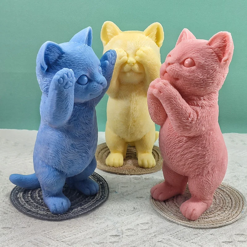 Cute Standing Cat Silicone Candle Molds 3D Big Size Kitten