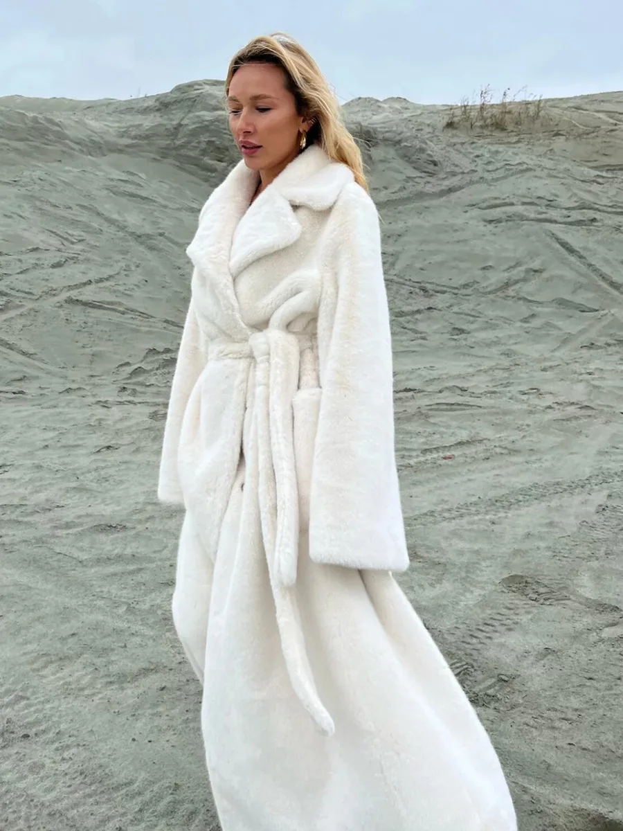 Bornladies New Autumn Winter Women's Elegant Long Furry Coat Notched Lapel Tie Waist Design Warm Faux Fur Outerwear