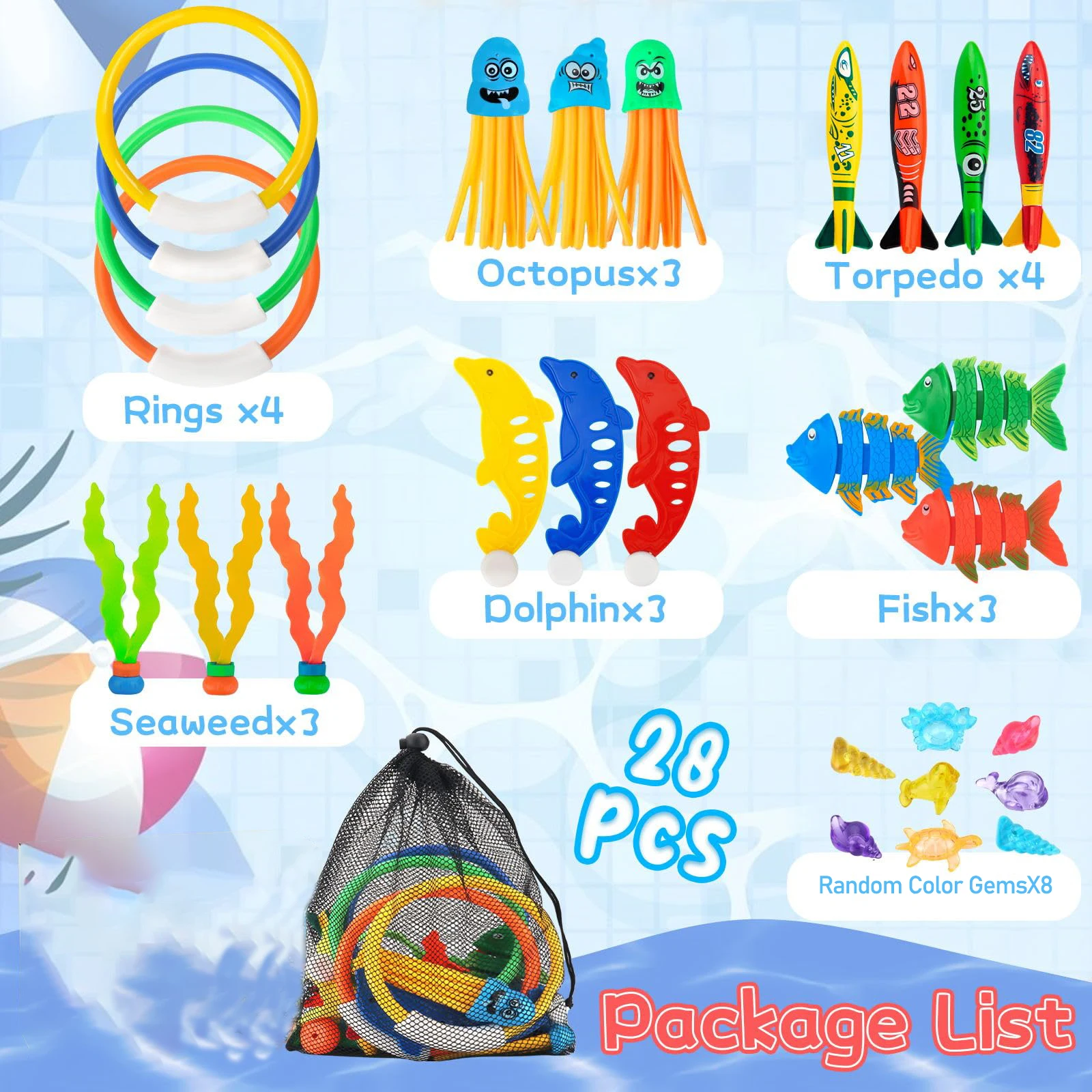 28Pcs Pool Diving Swim Toys Colorful Underwater Training Sinking Dive Toy With Mesh Bag for Kids Summer Swimming Party Pool Game