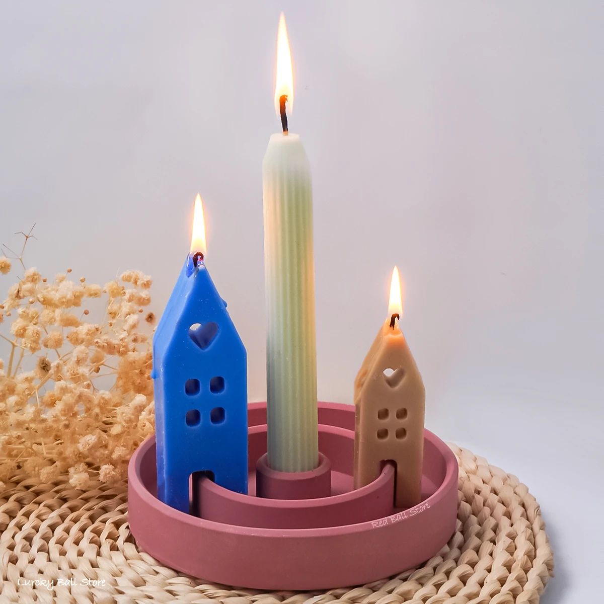 Silicone Mold 3Pcs House Candlesticks Concrete Silicone Mold DIY Resin Round Candle Holder Plaster Tray Set Molds Handmade Crafts Room Decor