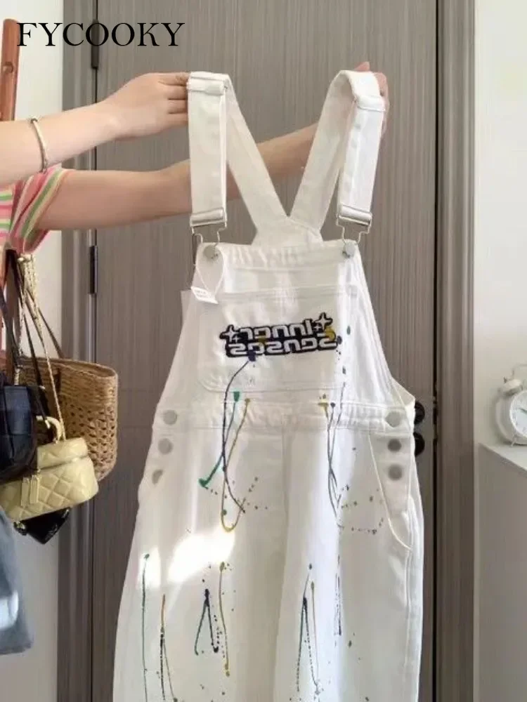 New 2025 White Denim Overalls for Women with Korean Loose Jumpsuits Pants Baggy Overalls Female 1