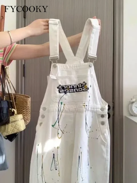 New 2025 White Denim Overalls for Women with Korean Loose Jumpsuits Pants Baggy Overalls Female 1