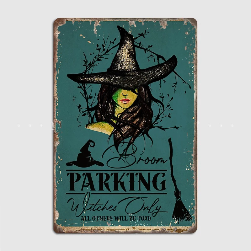 

Broom Parking Witches Only Funny Halloween Metal Tin Sign Truck Indoor and Outdoor Home Bar Coffee Kitchen Wall Decoration