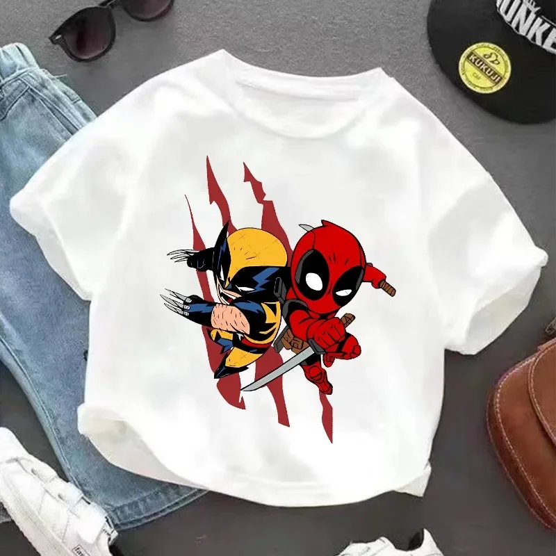 Deadpool & Wolverine White T-shirt Round Neck Loose Summer Clothing Comfortable Breathable Character Children Birthday Hot Gift 5