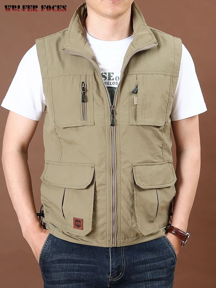 Men's Thin Tooling Loose Quick Drying Vest Men's Outdoor Sports Coat Multi Pocket Stand Collar Vest Spring Camping Fishing Vest