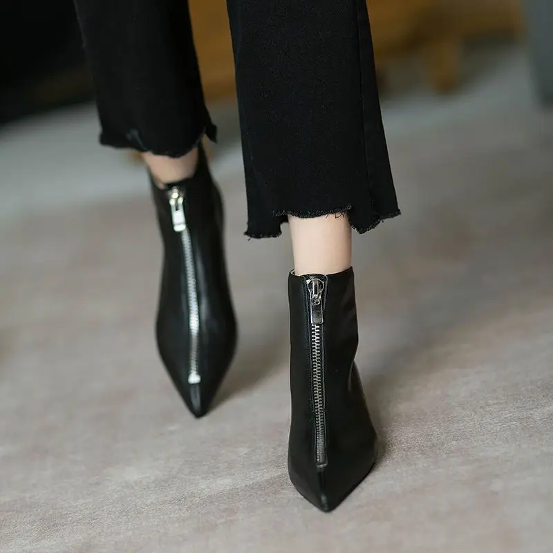 Leather Flat Short Shoes For Women Work Booties Black
