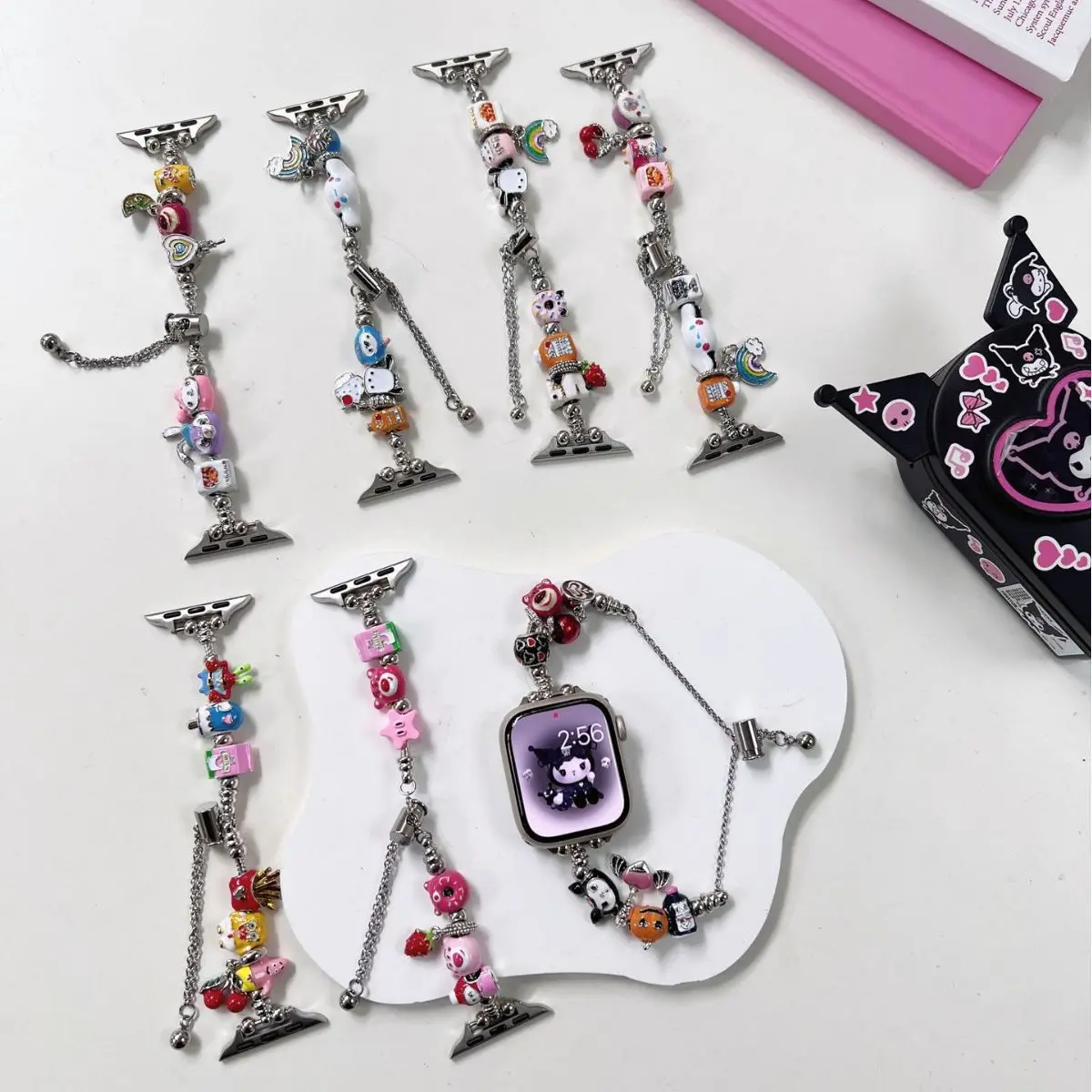 

Ремешок для часов Apple Iwatch 45678/se, милый аниме Sanrios Kuromi Cinnamoroll почтовый мультяшный креативный декоративный ремешок с бусинами