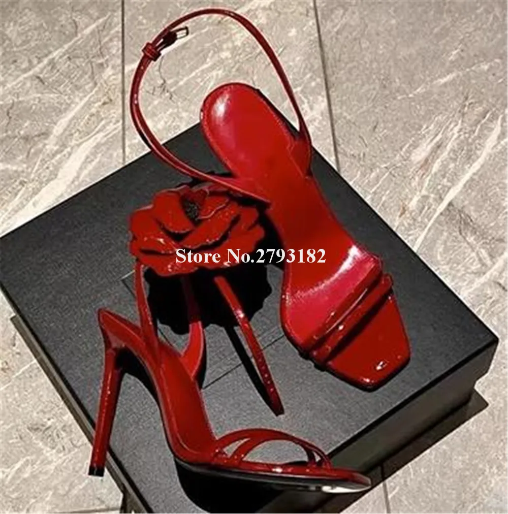 

Ladies Charming Square Toe Flower Decorated Thin Heel Sandals Wine Red Patent Leather Thin Straps Stiletto Heel Dress Shoes