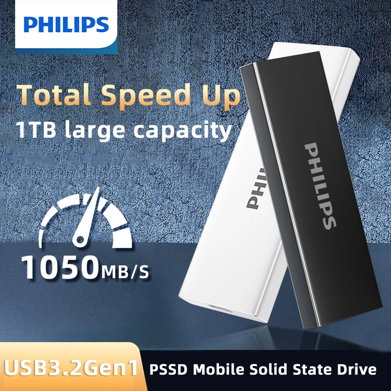 필립스 휴대용 SSD, 외장 하드 드라이브, 최대 속도 1050MB/s, USB 3.2 Gen 1, 게임 및 학생용 안정적인 저장 장치