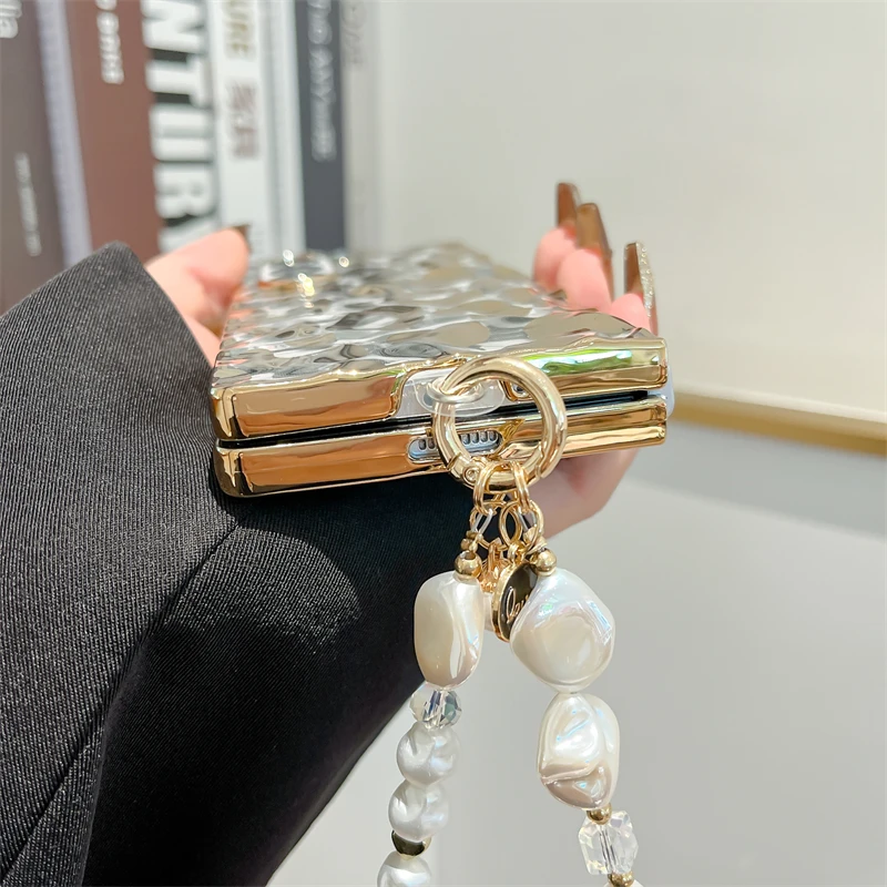 För Samsung Galaxy Z Fold 6 Luxury Classic Leopard Wave Shockproof Pearl Chain Telefonfodral_voghion.com