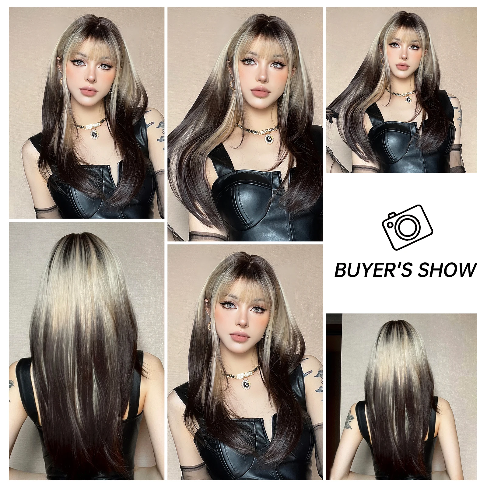 Long Brown Blonde Straight Synthetic Wig with Bangs Brown Ombre Cosplay Layered Wigs for Women Party Heat Resistant Natural Hair