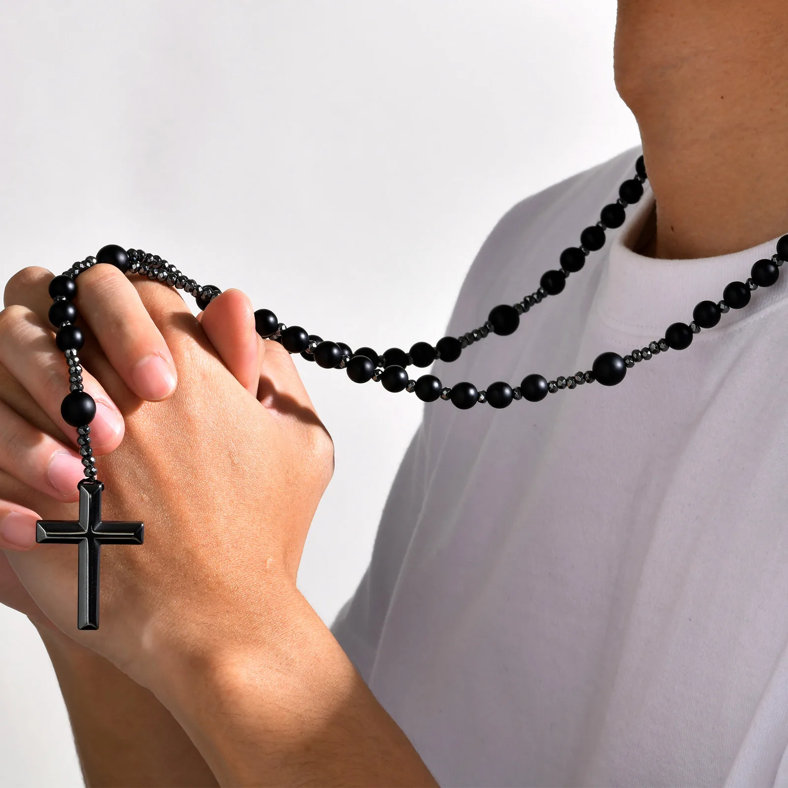 Black Beads Cross Rosary Necklaces for Men, Male Power Balance Hematite  Chain Necklace, Religious Faith Prayer Jewelry - AliExpress
