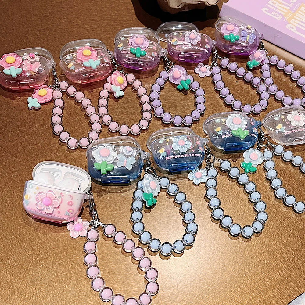 Korean Floral Soft TPU Clear Protective Earphone Case with Beaded Bracelet Pendant