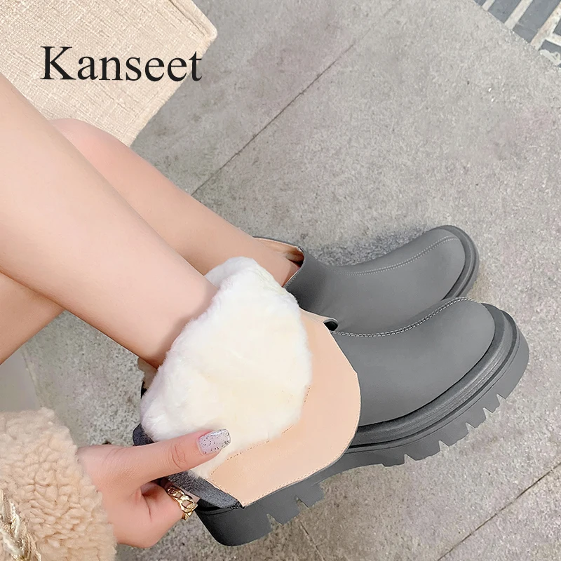 

Kanseet Genuine Leather Women Ankle Boot Round Toe Mid Heel Winter Shoes Zipper Handmade Warm Fur Short Boots Black Big Sizes 43
