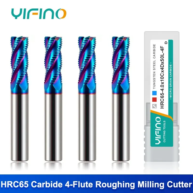 

YIFINO HRC65 4-Flute Blue Nano Coating End Mill Tungsten Steel Carbide Roughing Milling Cutter For CNC Machining Endmills Tools