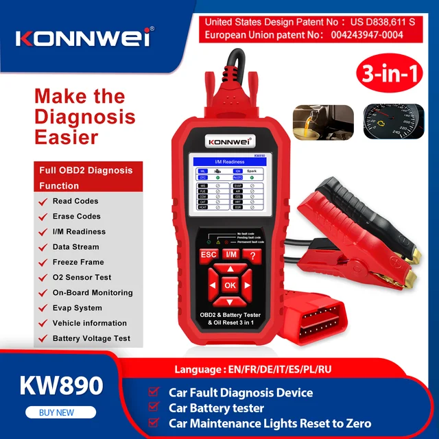 New KONNWEI KW890 12V Car OBD2 Battery Tester Analizer Auto Diagnostic Tool Battery Match 3 in 1 Car OBDII Scanner Code Reader