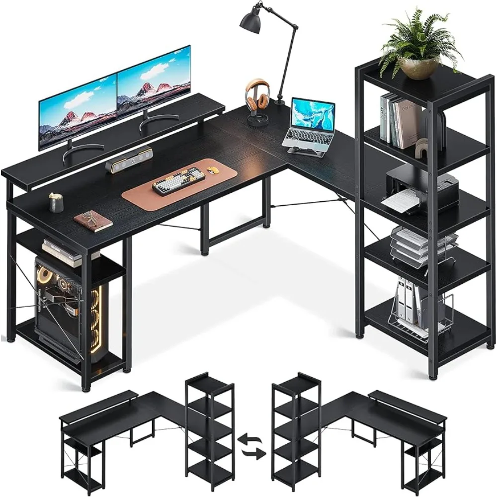 

L Shaped Computer Desk,Monitor Stand&61 Inch Storage Printer Shelves,Sturdy Desk for Home Office Writing