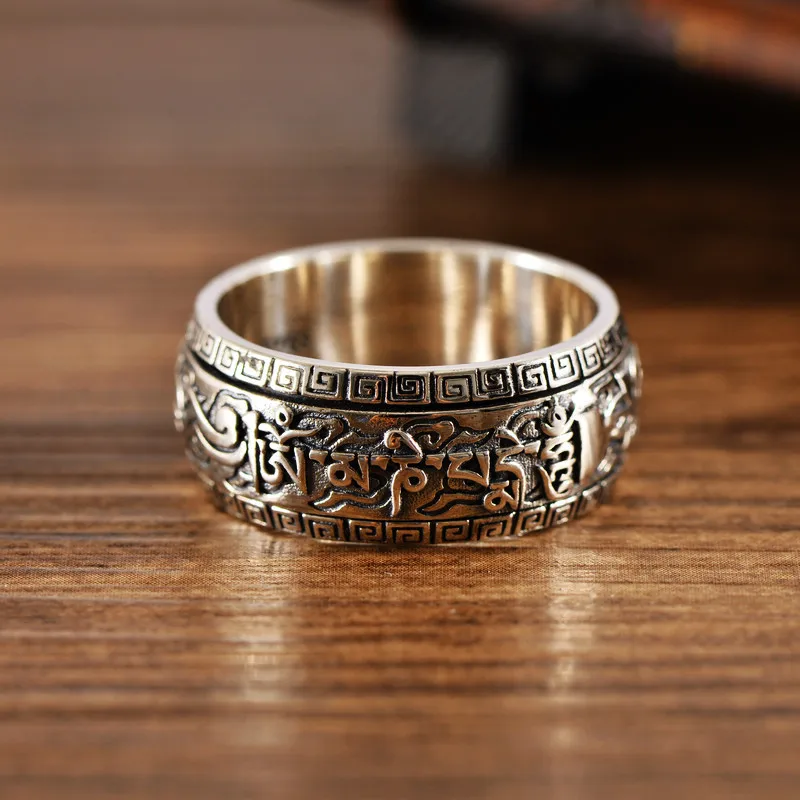 

100%s925 Vintage Thai Silver Sanskrit six word true words transfer fashionable male ring can be turned