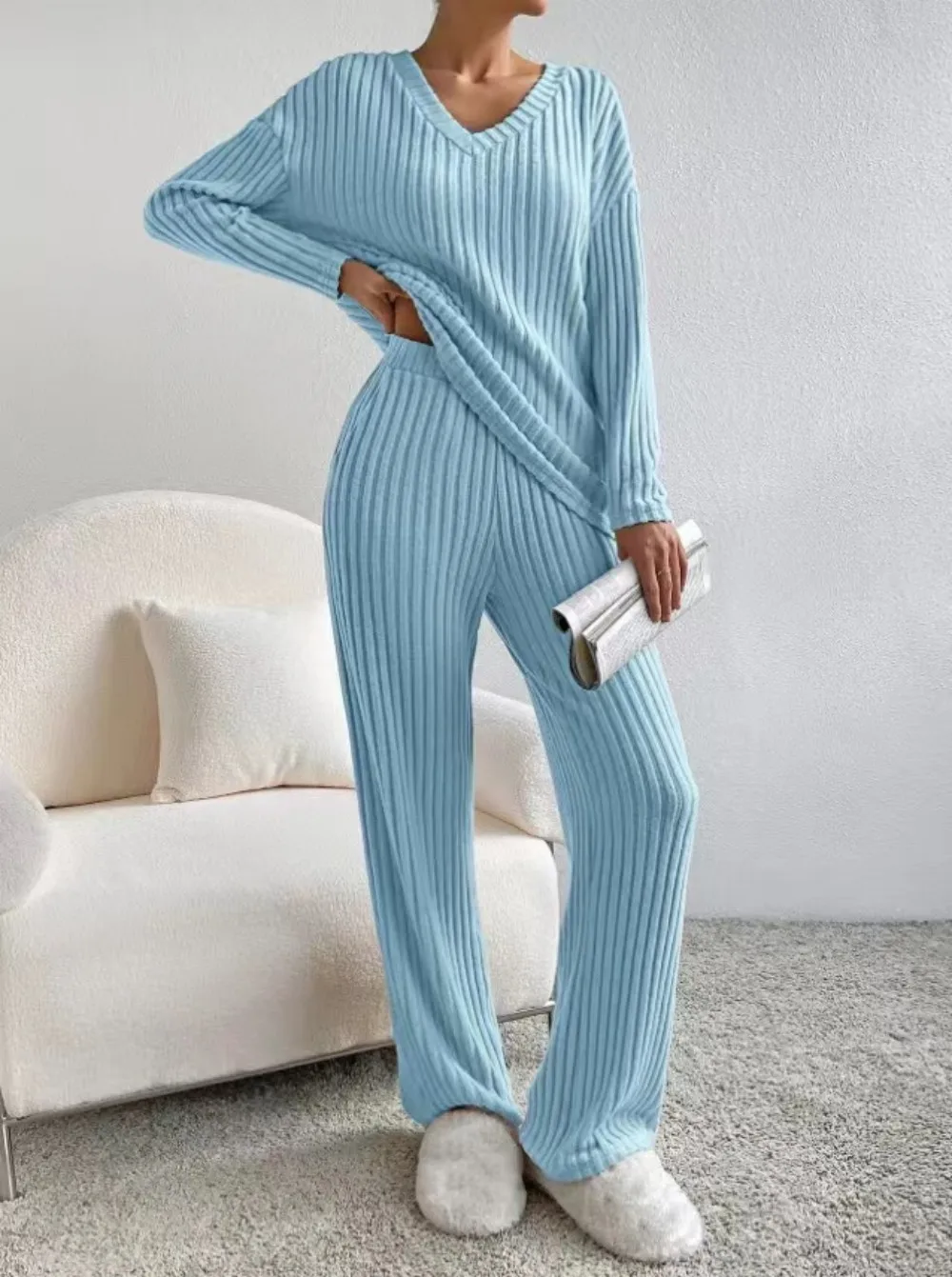 Women 2pcs Knitted Loungewear Set Loose Long Sleeve Sweater Straight Pants Headband Pajamas Loungewear Pajama Set Two Piece Set
