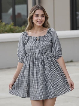 Women's Maternity Plaid Dress Half Sleeve Bow Square Neck Loose Short Dress Pregnancy Clothes 3