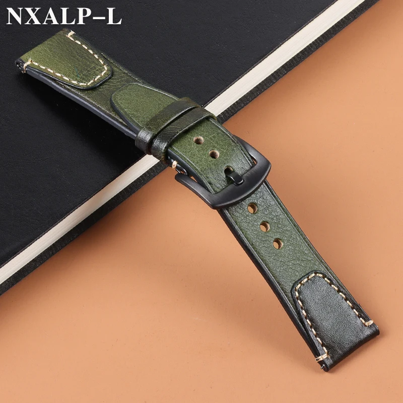 Vintage Genuine Leather Watch Band with Stitching - Retro Cowhide Quick Release Strap