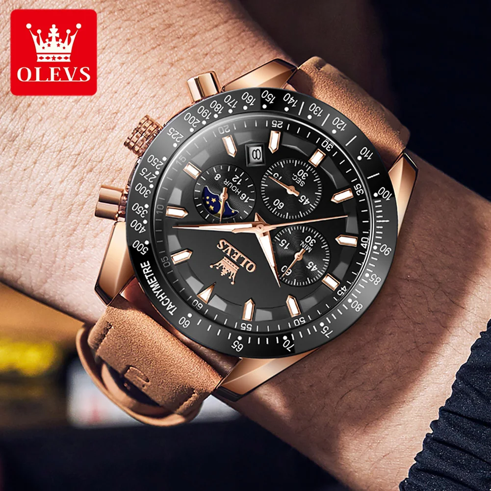 OLEVS Men's Watches Chronograph Moon Phase Original Quartz Wristwatches Luxury Leather Strap Waterproof Luminous Watches for Men