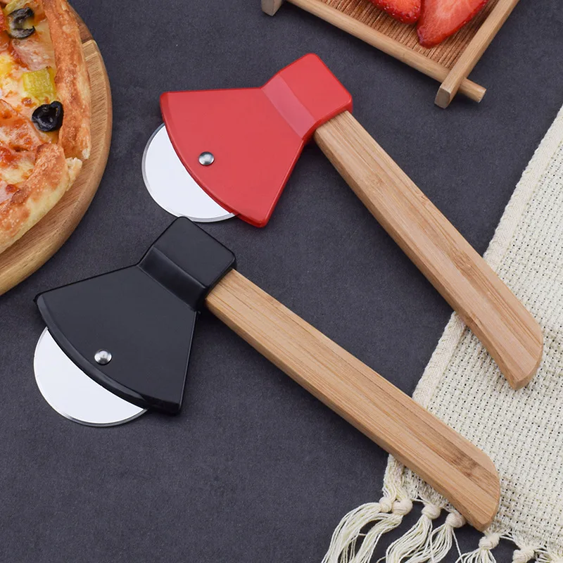

1PC Stainless Steel Bamboo Handle Hatchet Pizza Hob Creative Round Single-wheel PIZZA Cutter Kitchen Baking Tool