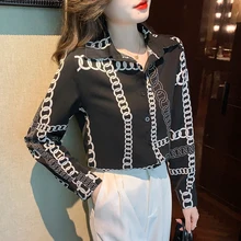 

Chain Printed Thin Women Blouse Tops Long Lantern Sleeve Turn Down Neck Buttons Up Shirts Women Blusas Mujer De Moda 2022