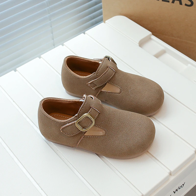 Fashion Children T-starp Fur Leather Shoes Korean Kids Unisex Casual Shoes Toddler Girls Boy Buckle Moccasin Autumn Spring