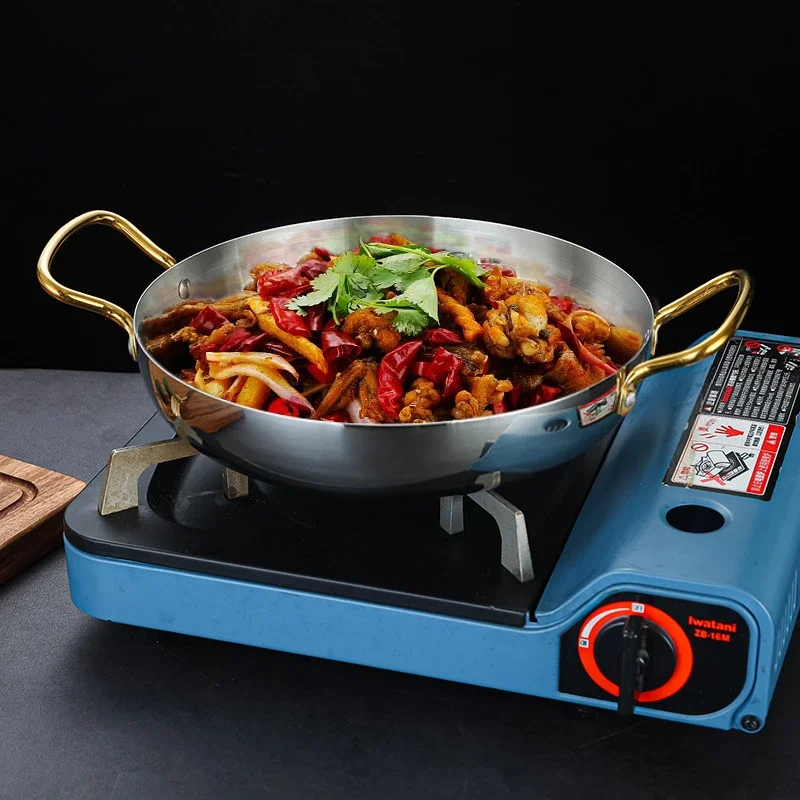 Stainless steel dry pot utensils Spanish Seafood Rice Pot Double ear golden frying pan Pasta dish Round steak plate panelas olla