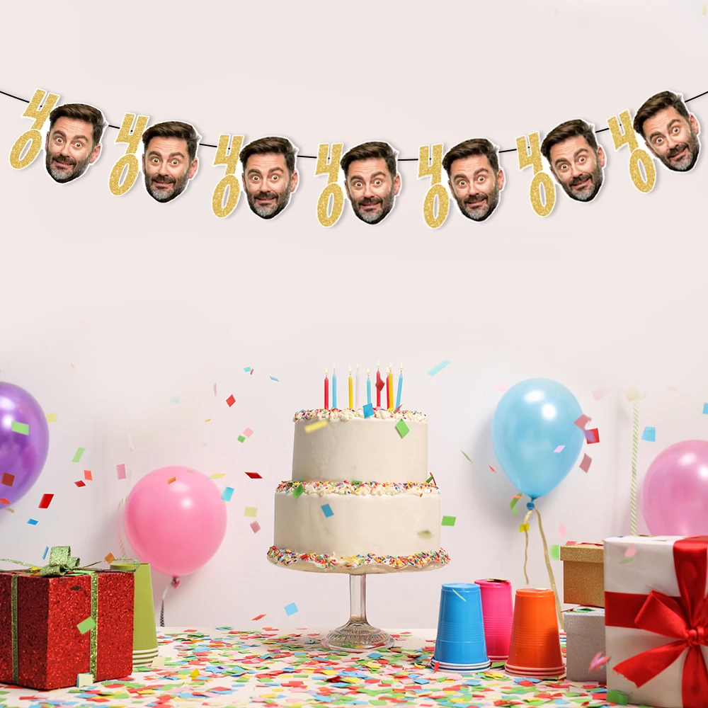 Benutzerdefinierte Schwarz Gold 30 40 50 60 70 Jahre alt Geburtstag Party Gesicht Foto Papier Banner Hängegirlande für Erwachsene Geburtstag Party Dekor – Detail 5