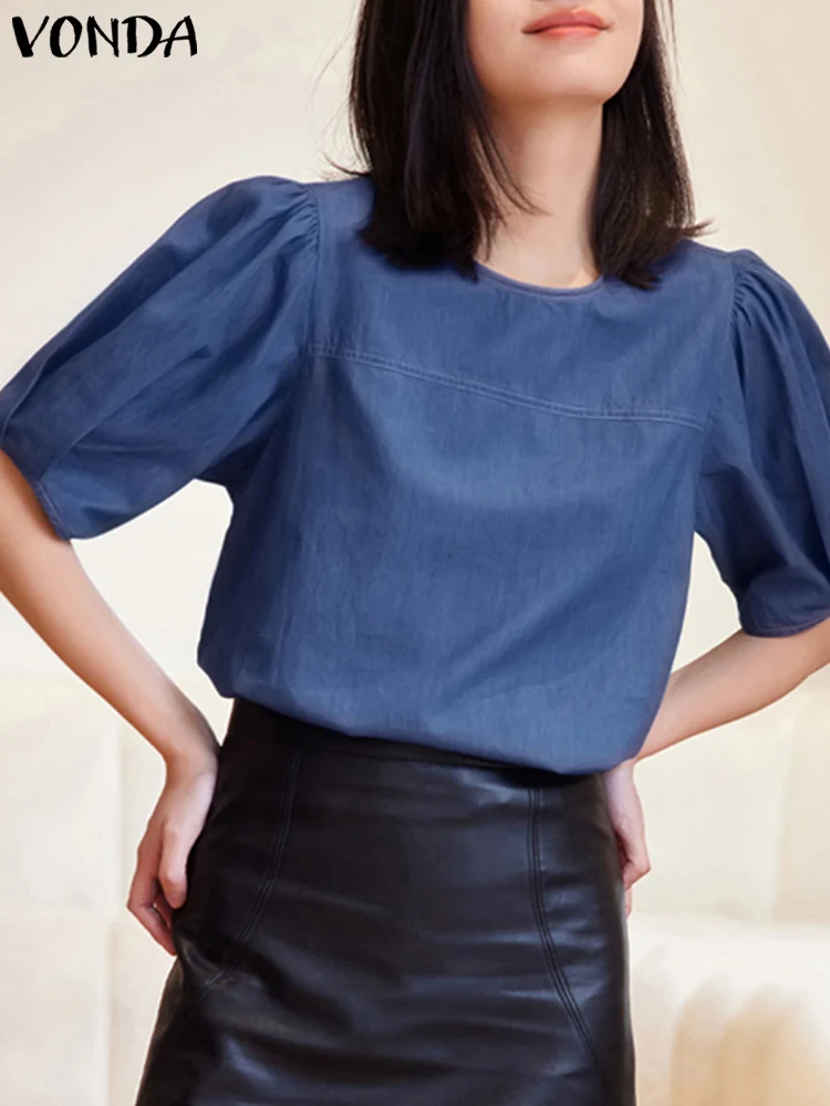 

VONDA Fashion Solid Color Shirts Elegant Women Office Blouse 2023 Summer Tops Short Puff Sleeve Sexy O Neck Casual Blusas Femme