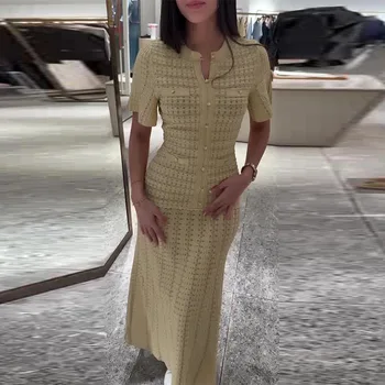 UNITIM 2026 Spring Women Dress Heavy Industry Hollow Sparkling Bubble Sleeve Multi Pocket Slimming Round Neck Dresses Lady Robe 1