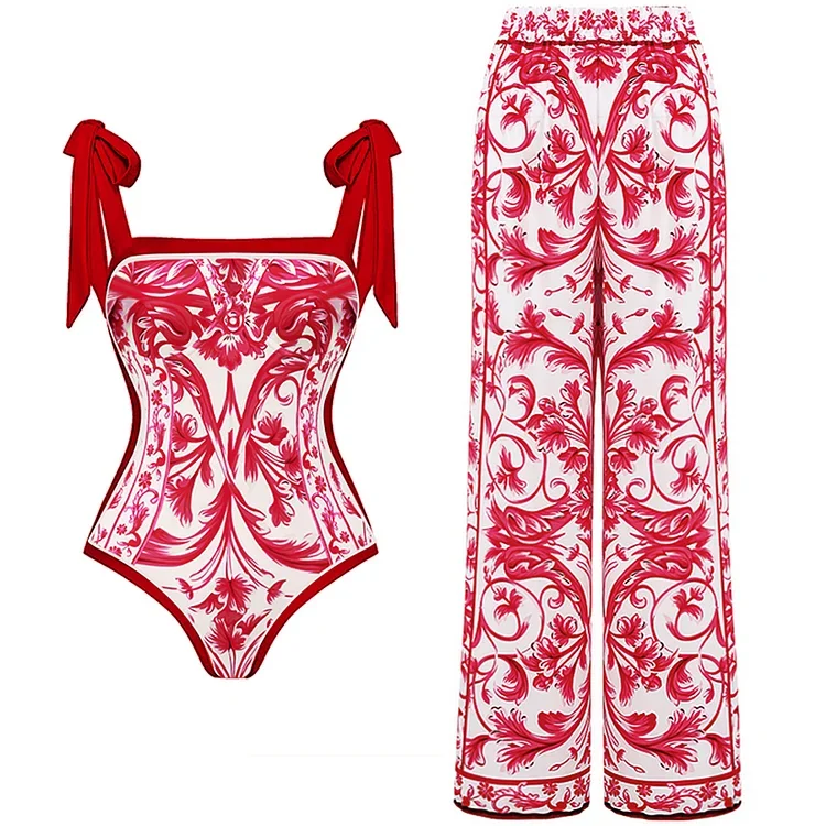 2023 Reversible Tie-shoulder Baroco Style Printed One Piece Swimsuit and Skirt  Swimwear Set Women Beachwear Luxury Bathing Suit