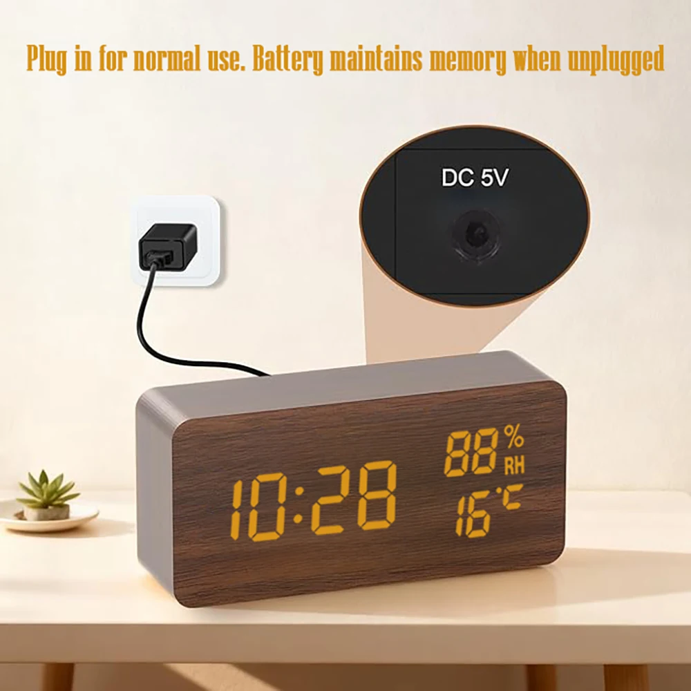 Wooden digital alarm clock with temperature humidity LED for office bedroom bedside decor gift