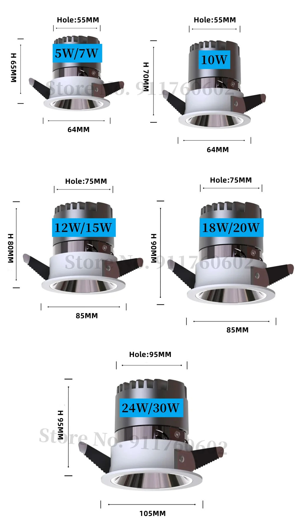 Description Picture 2 of itemRecessed Anti-glare LED COB Spotlight 24W 30W Dimmable 110V 220V Ceiling Downlight 7W 10W For Foyer Dining room Mall lighting