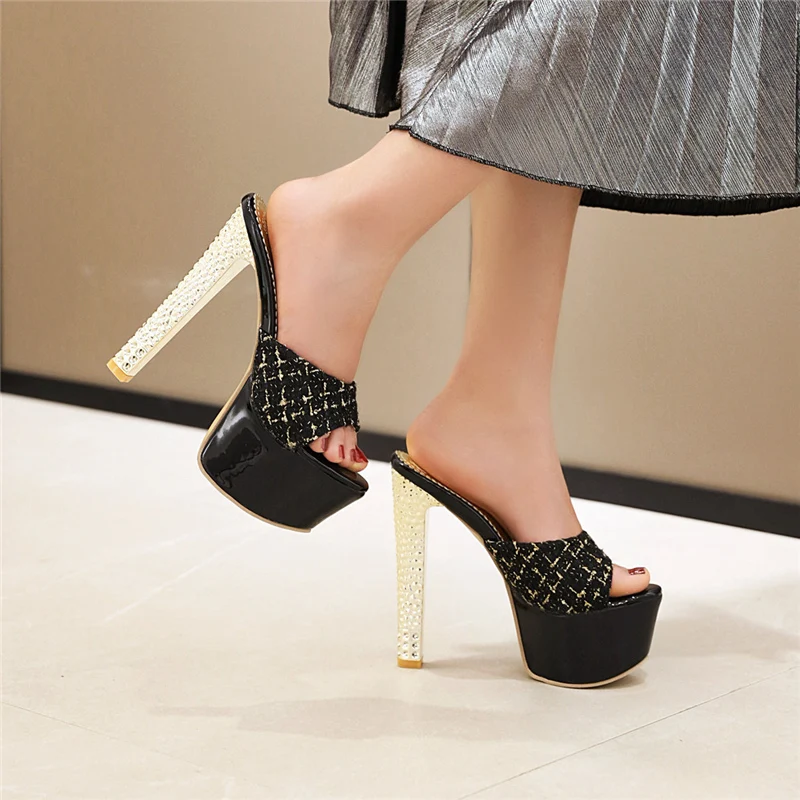 Sexy Summer Mules Shoes Woman Slippers 15cm Extreme High Heels Lady Slides Luxury Stiletto Heeled Platform Sandals Large Size 45