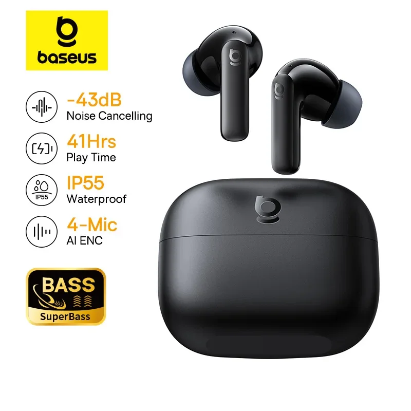 Baseus Bass EP10 Pro Noise Cancelling Earbuds – Adaptive ANC, LDAC Hi‑Res Sound, 55H Playtime, IP55, 6‑Mic AI Calls, Bluetooth 5.3