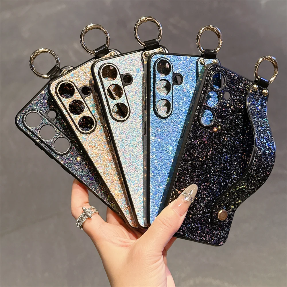 Luxury Glitter Wristband Bracket Case with Hand Strap and Bling Shockproof Cover