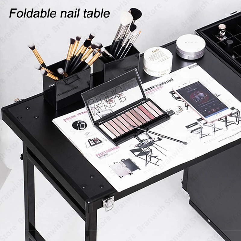 Professional Makeup Train Case Mobile Nail Workbench Rolling Table Makeup Workstation Cosmetics Case On Wheels Makeup Organizer 5