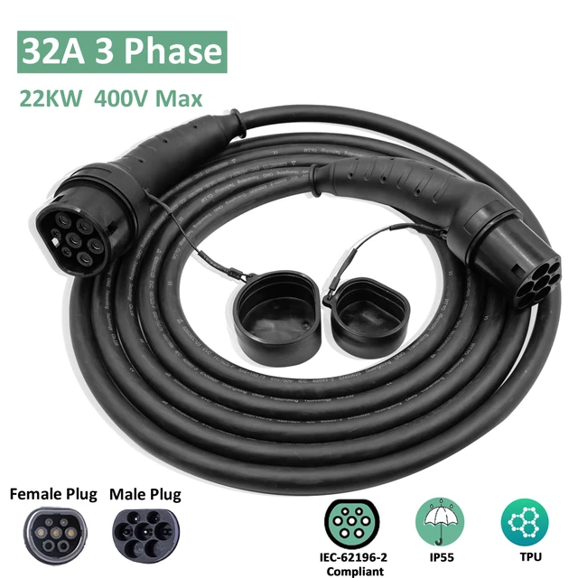 EV Charger Cable 32A 22KW Type 2 to Type 2 Extension Cable Length 5M/7M/10M  for Charging Station 1 Phase/3 Phase IEC 62196 Plug - AliExpress