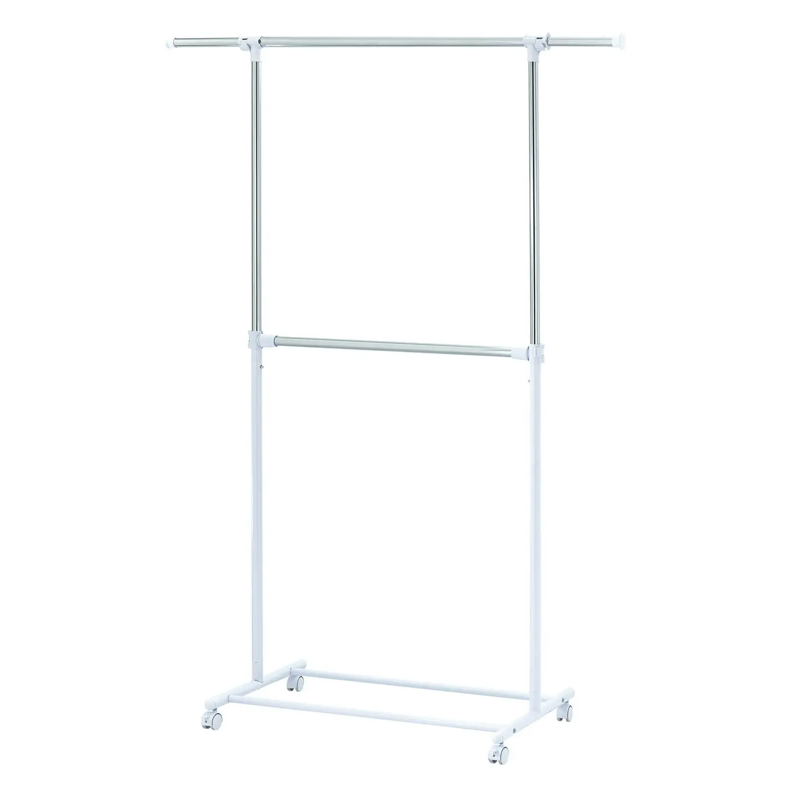 2 Tier Adjustable Chrome Rolling Garment Rack with Silver Metal and White Rod US 2